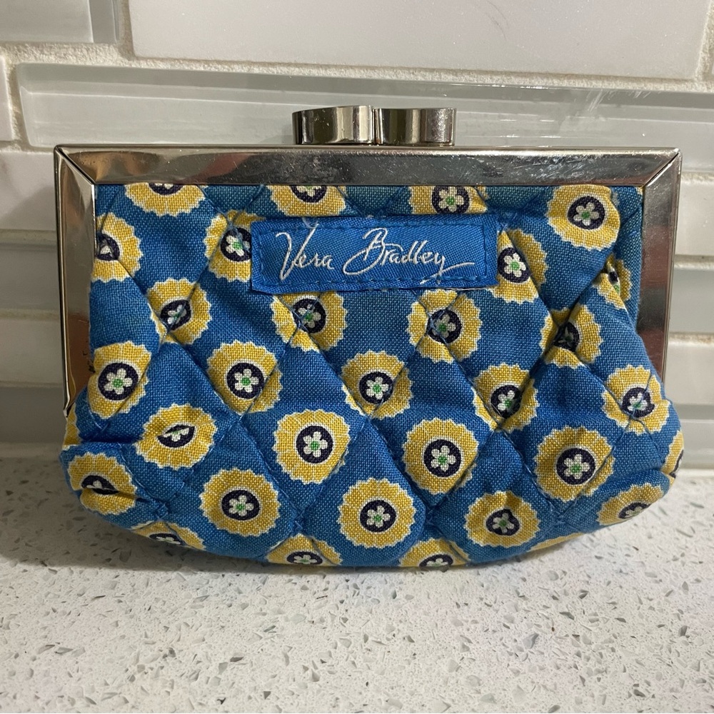 Vera Bradley Riviera Blue Quilted Kisslock Coin Purse Card Holder Yellow 4 x 3.5